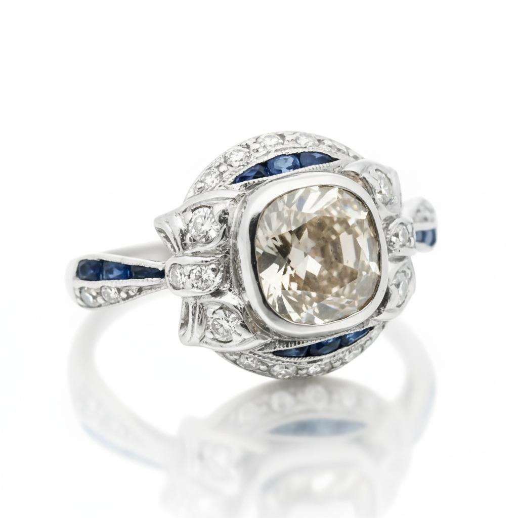 Art Deco Platinum Engagement Ring with Fancy Brown Diamond and Sapphire Accents