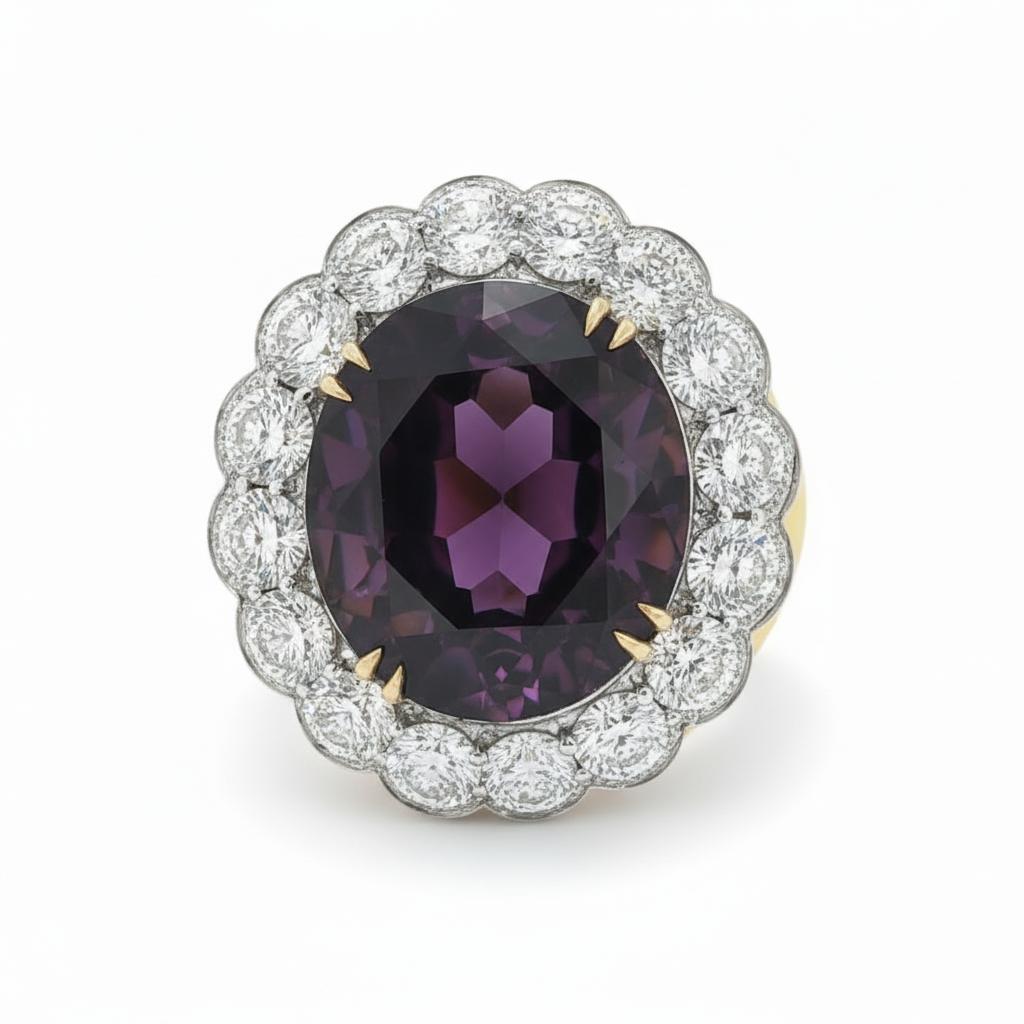 18K Yellow Gold & Platinum   Modern Amethyst  Diamond  Ring