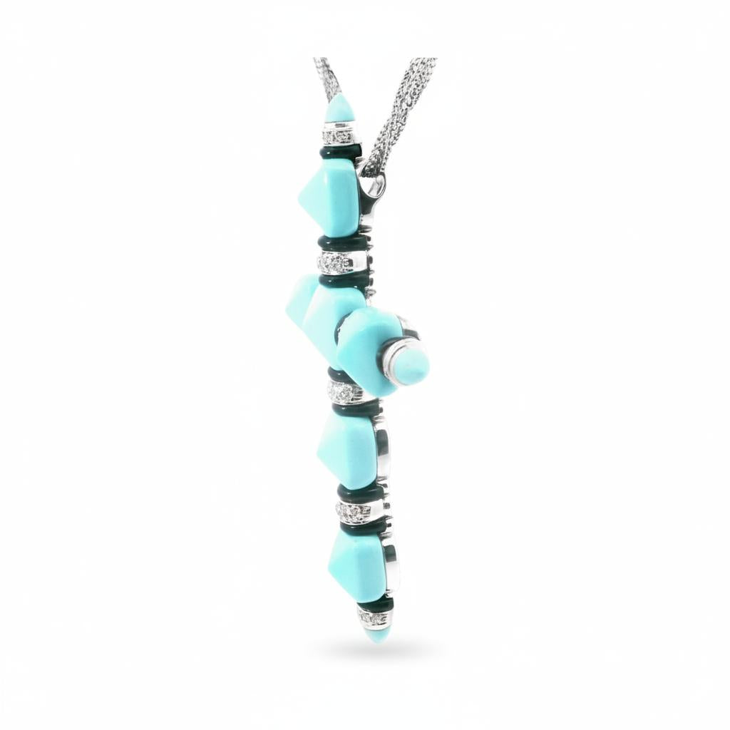 18k White Gold  Italian Vintage Diamond  Turquoise Onyx Cross Pendant