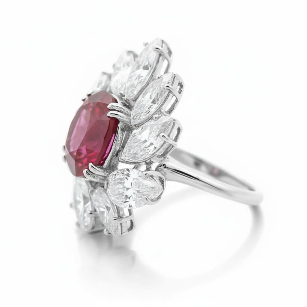 Platinum Ring with 3.27-Carat  Ruby and Pear-Cut Diamonds