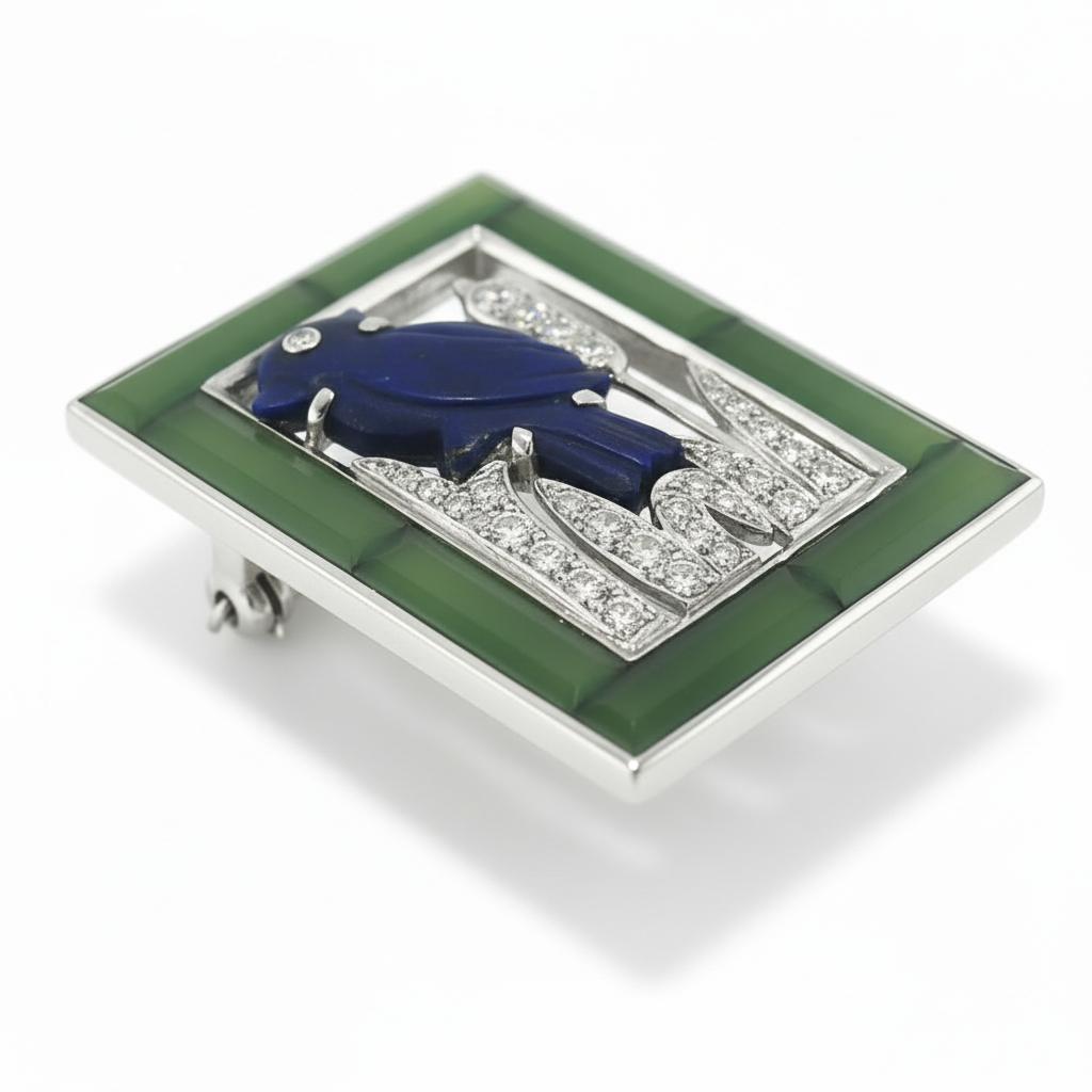 Cartier Lapis Lazuli, Nephrite & Diamond Bird Brooch Circa 1930