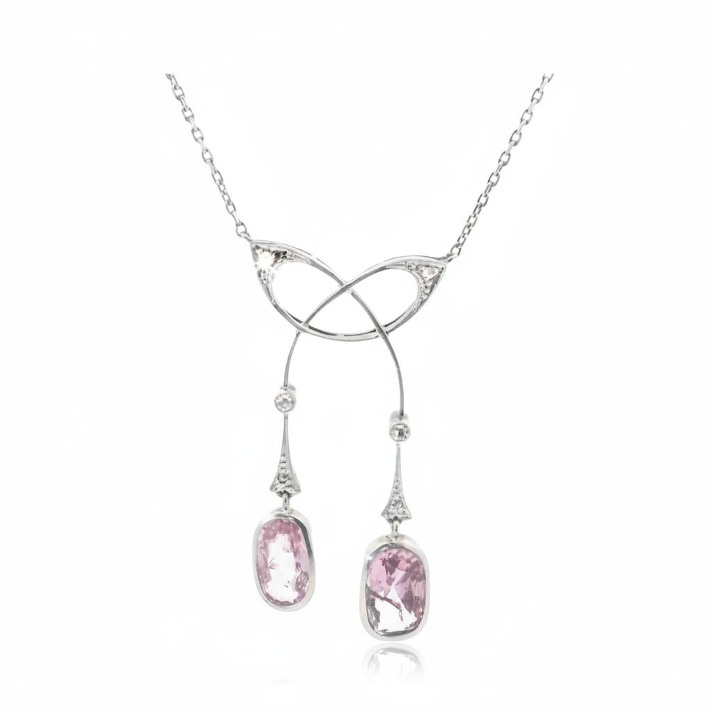Edwardian Pink Topaz and Diamond Pendant Necklace in Platinum and 18K Gold, view 4