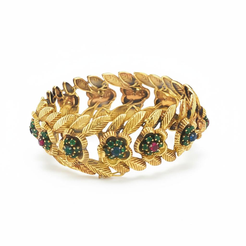Emerald, Ruby and Sapphire 18k Yellow Gold Floral Bracelet, France 1960's
