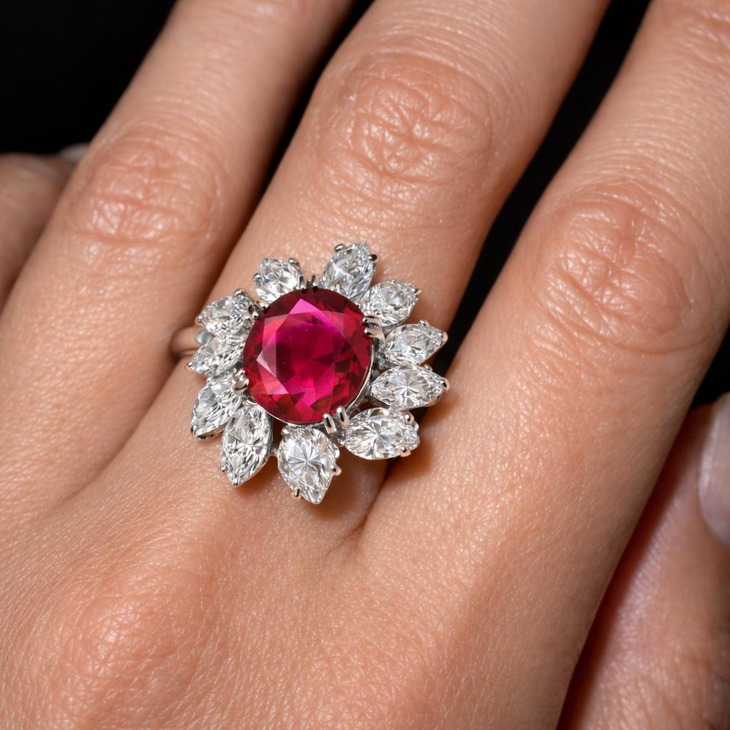 Platinum Ring with 3.27-Carat  Ruby and Pear-Cut Diamonds