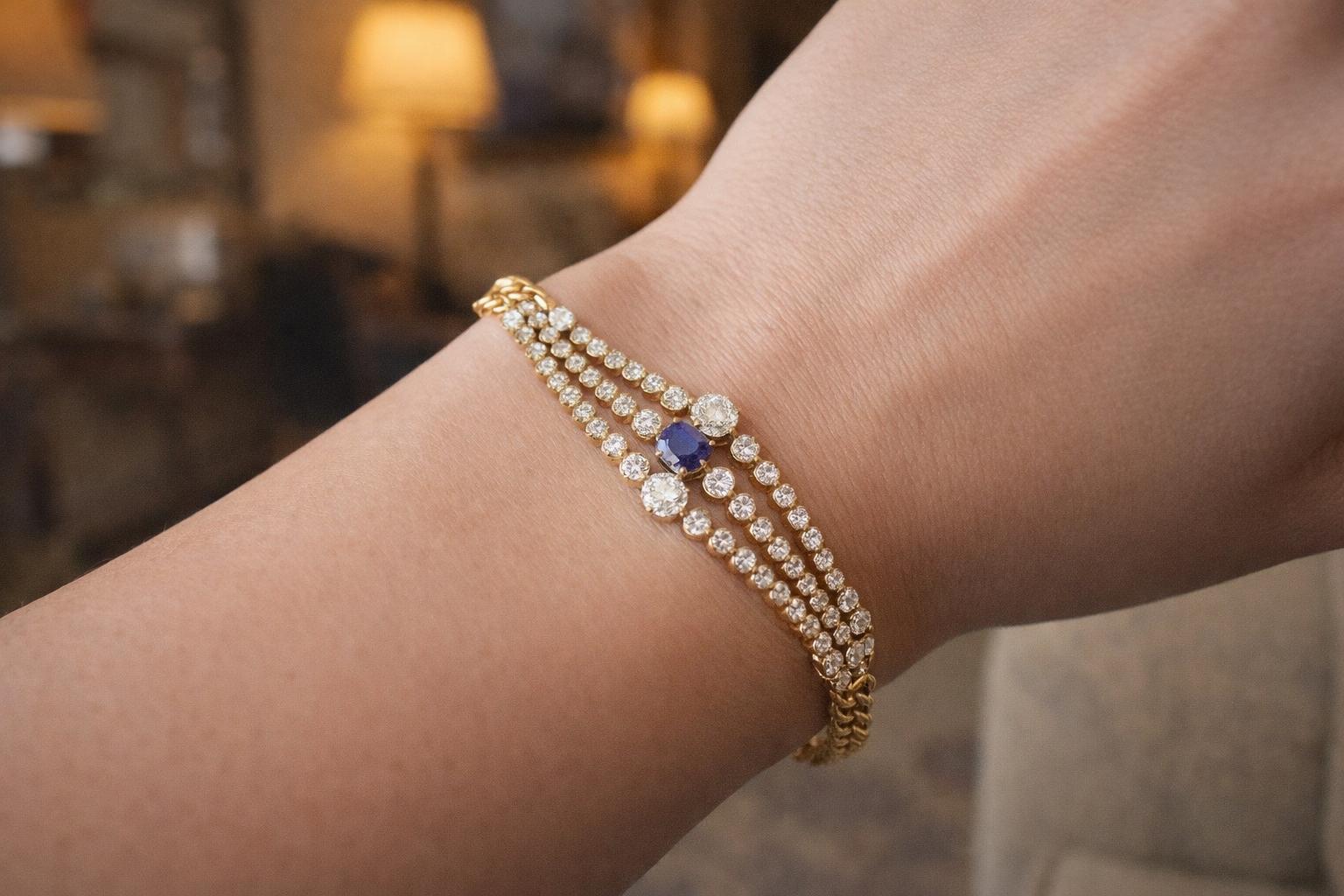 Victorian Sapphire and Diamond Triple Line Bracelet, circa 1880