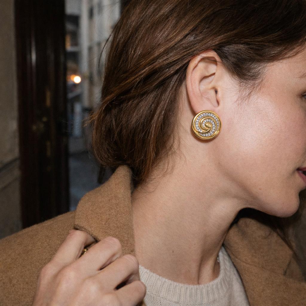 David Webb Diamond Swirl Earrings 18k Yellow Gold & Platinum, Circa 1980s