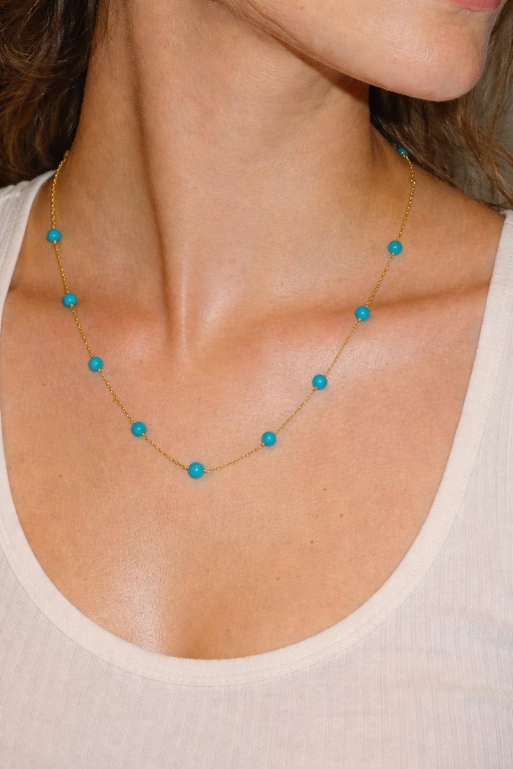 18k Yellow Gold  Italian Contemporary Chain Turquoise Necklace14 small beads of