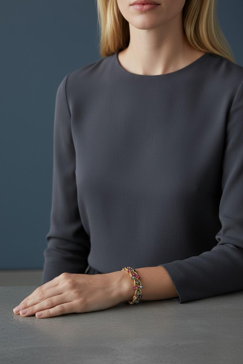 18K Gold Sapphire Diamond Emerald Flower Bracelet