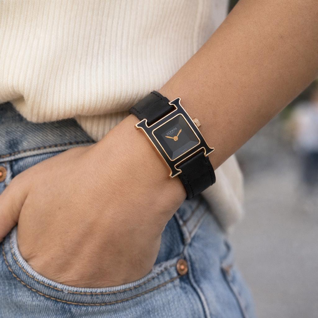 18k Yellow Gold  Hermes 1990s Gold 7 Black  Enamel Watch Heure H  - 37.50GRAM