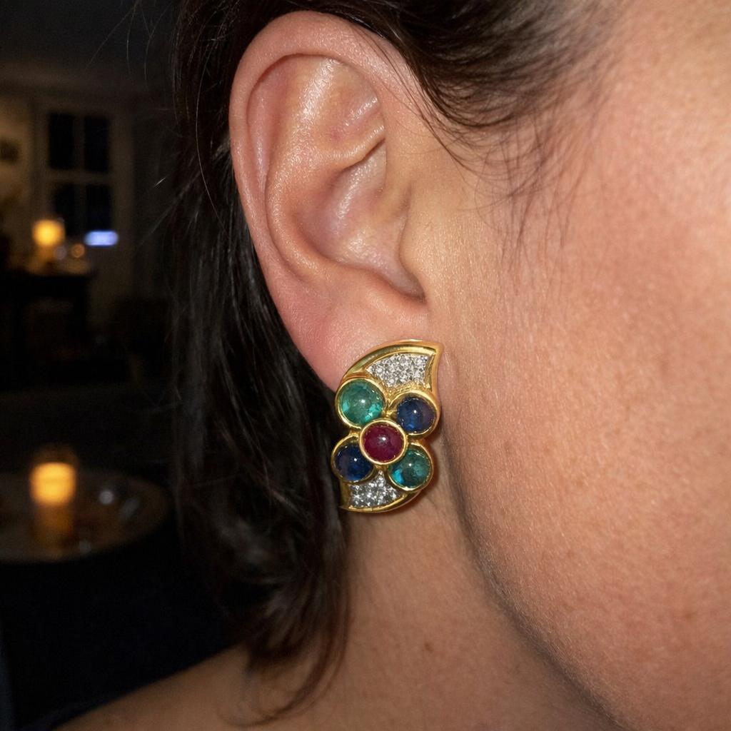 David Webb Gem-Set and Diamond Earrings in 18K Yellow Gold, circa 1970, view 2